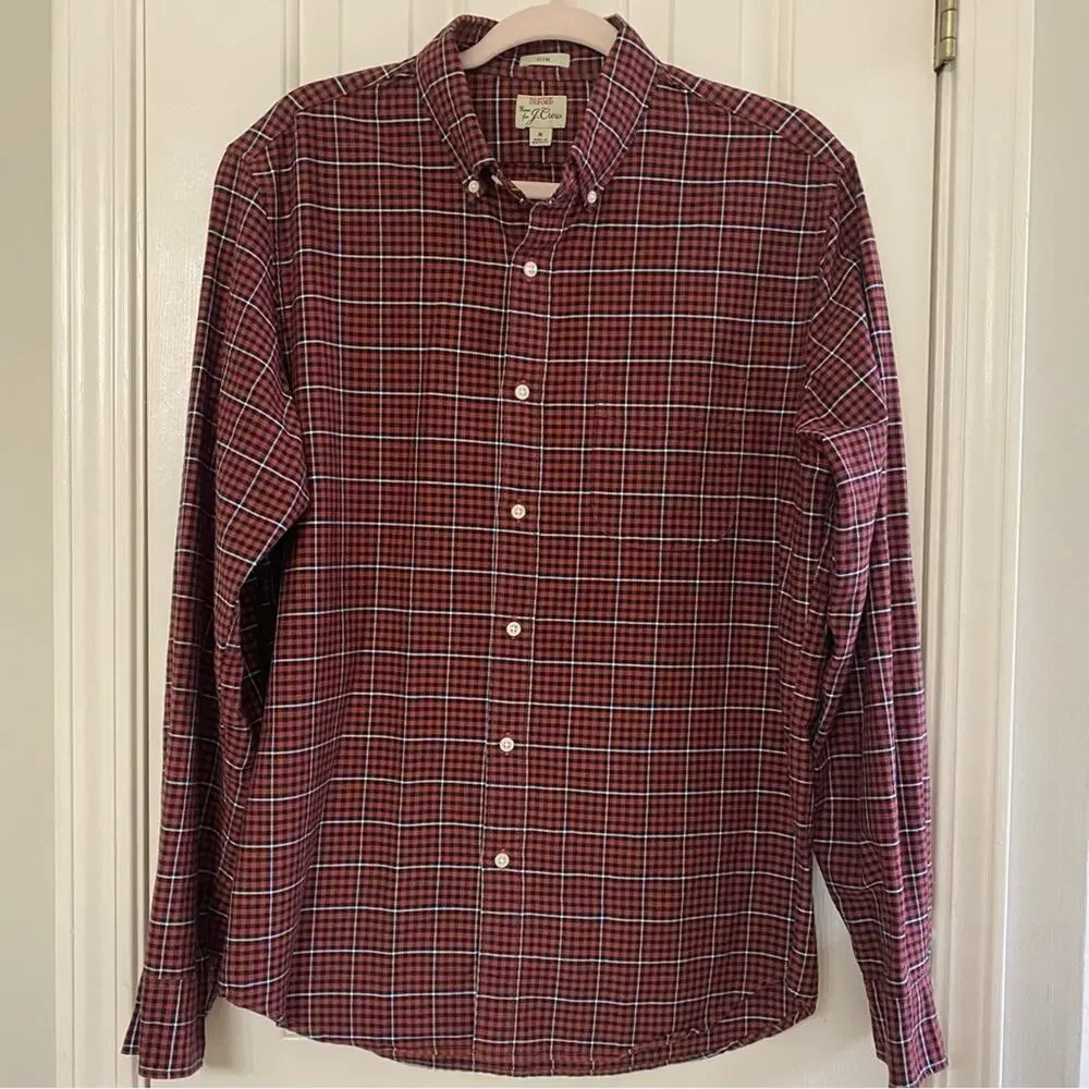 J. CREW • Orange + Navy Gingham Slim All Cotton Oxford Button Down Shirt